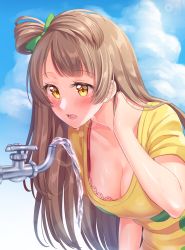 Rule 34 | 10s, 1girl, adjusting hair, blouse, blunt bangs, blush, bra, breasts, brown eyes, cleavage, cloud, day, downblouse, drinking, drinking fountain, eyelashes, grey hair, hoshisakura (starblossom), large breasts, leaning forward, lens flare, long hair, love live!, love live! school idol festival, love live! school idol project, minami kotori, open mouth, outdoors, shirt, sky, solo, sweat, underwear, upper body, very long hair, water, yellow shirt