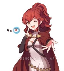 Rule 34 | 1girl, absurdres, anna (fire emblem), breasts, brown eyes, cape, commission, finger to face, fire emblem, fire emblem fates, highres, looking at viewer, nintendo, open mouth, outstretched hand, ponytail, red cape, red hair, simple background, snowsakurachan, solo, twitter username