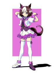 Rule 34 | 1990s (style), 1girl, animal ears, asymmetrical footwear, black footwear, black vest, bow, bow legwear, braid, closed mouth, collared shirt, commentary, cropped jacket, crown braid, ear ribbon, frilled skirt, frills, full body, highres, horse ears, horse girl, horse tail, jacket, kano (nakanotakahiro1029), looking to the side, miniskirt, mismatched footwear, multicolored hair, neck ribbon, outside border, pleated skirt, puffy short sleeves, puffy sleeves, purple background, purple eyes, purple ribbon, retro artstyle, ribbon, shadow, shirt, shoes, short hair, short sleeves, skirt, smile, solo, special week (umamusume), standing, tail, thighhighs, two-tone hair, umamusume, vest, white footwear, white hair, white jacket, white shirt, white skirt, white thighhighs, wing collar, wristband