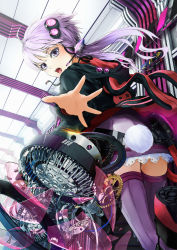 Rule 34 | 1girl, ahoge, ajigo, animal hood, broken, dress, dutch angle, exit sign, gears, hair ornament, headphones, headset, highres, hood, hood down, hooded jacket, jacket, lace, long hair, long sleeves, looking back, machinery, microphone, nut (hardware), open mouth, purple dress, purple eyes, purple hair, purple thighhighs, rabbit hood, rabbit tail, reaching, ribbed dress, screw, shoes, short hair with long locks, solo, spread fingers, tail, teeth, thighhighs, tongue, transparent, twintails, vocaloid, voiceroid, yuzuki yukari