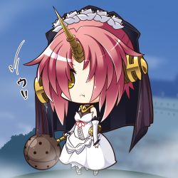 Rule 34 | 1girl, :t, castle, chibi, commentary request, dress, elbow gloves, fate/apocrypha, fate (series), frankenstein&#039;s monster (fate), gloves, hair over one eye, holding, holding weapon, horns, looking at viewer, night, outdoors, pink hair, shachoo., short hair, single horn, solo, veil, weapon, white dress, white gloves, yellow eyes