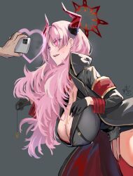 Rule 34 | 1girl, armband, black gloves, blue archive, blush, breasts, cellphone, coin, demon horns, garter straps, gloves, halo, hanging breasts, heart, heart-shaped pupils, highres, holding, holding phone, holed coin, horns, huge breasts, hypnosis, jewelry, kurokawa otogi, leaning forward, long hair, military, military uniform, mind control, mole, mole on breast, pendant, phone, pink eyes, pink hair, red armband, red thighhighs, satsuki (blue archive), smartphone, solo focus, sweatdrop, symbol-shaped pupils, thighhighs, uniform