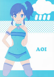 Rule 34 | 10s, 1girl, :&gt;, absurdres, aikatsu!, aikatsu! (series), bare shoulders, blue eyes, blue hair, character name, collar, dress, full body, groin, highres, kiriya aoi, kneeling, limited palette, looking at viewer, matching hair/eyes, midriff, navel, panties, scrunchie, see-through, side ponytail, simple background, sleeveless, smile, solo, thighhighs, underwear, white background