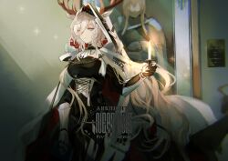 Rule 34 | animal ears, antlers, antlers through headwear, arknights, blonde hair, blue eyes, candle, candlestand, cape, character name, copyright name, deer antlers, deer ears, deer girl, ears through headwear, gauntlets, holding, holding candle, hood, hooded cape, horns, long hair, nukuyu haru, viviana (arknights), white cape