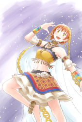Rule 34 | 1girl, anklet, middle eastern architecture, arabian clothes, artist name, artist request, bare shoulders, barefoot, crop top, detached sleeves, earrings, feet, female focus, flower, hair between eyes, harem outfit, highres, hoshizora rin, jewelry, looking at viewer, love live!, love live! school idol festival, love live! school idol project, midriff, mismatofuture, orange hair, puffy detached sleeves, puffy short sleeves, puffy sleeves, shirt, short hair, short sleeves, skirt, smile, solo, strapless, thigh strap, vase, veil, yellow eyes, yellow shirt
