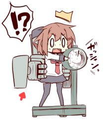 Rule 34 | !?, 0 0, 10s, 1girl, ^^^, backpack, bag, black thighhighs, brown hair, cannon, chibi, fang, hair ornament, hairclip, ikazuchi (kancolle), kantai collection, lowres, nanateru, neckerchief, open mouth, personification, red neckerchief, school uniform, serafuku, short hair, skirt, solo, surprised, thighhighs, weighing scale, weight conscious