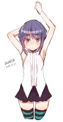 Rule 34 | 1girl, arms up, bare arms, bare shoulders, black skirt, cowboy shot, cropped legs, dated, maze (gochama ze gohan), original, pleated skirt, purple eyes, purple hair, shirt, sidelocks, signature, simple background, sketch, skirt, sleeveless, sleeveless shirt, solo, striped clothes, striped thighhighs, thighhighs, white background, white shirt