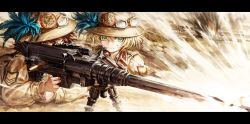 Rule 34 | 2girls, anti-materiel rifle, bipod, blonde hair, brown eyes, brown hair, casing ejection, feathers, firing, green eyes, gun, helmet, highres, letterboxed, long sleeves, military, military uniform, multiple girls, muzzle flash, original, oyu udon, rifle, shell casing, sniper rifle, solothurn s-18/100, uniform, weapon