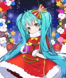 Rule 34 | 1girl, antenna hair, aqua eyes, aqua hair, bad id, bad pixiv id, blush, bow, box, christmas, closed mouth, dress, flower, fur-trimmed dress, fur-trimmed mittens, fur trim, gift, gift box, glint, hair bow, hair ornament, hatsune miku, head tilt, holding, holding gift, long hair, looking at viewer, mittens, red dress, red mittens, santa costume, sidelocks, solo, standing, star (symbol), striped, striped bow, tp (kido 94), turtleneck, turtleneck dress, twintails, very long hair, vocaloid, white flower, wreath