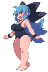 Rule 34 | 1girl, :d, absurdres, ahoge, bare legs, barefoot, black one-piece swimsuit, blue hair, blush, bow, bracelet, breasts, cleavage, covered navel, feet, full body, hair between eyes, hair bow, highres, jewelry, large breasts, long hair, looking ahead, one-piece swimsuit, open mouth, original, plump, purple eyes, ribbon, school swimsuit, sideboob, simple background, smile, solo, standing, swimsuit, toes, white background, zankuro