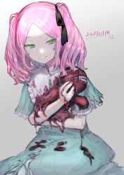 Rule 34 | 1girl, blood, blood on clothes, blue dress, collared dress, copyright request, dated, dress, forehead, frilled shirt collar, frills, green eyes, grey background, hug, looking at viewer, monster, parted bangs, parted lips, pink hair, short sleeves, simple background, smile, solo, torn clothes, torn dress, two side up, uzura (bonnet225)