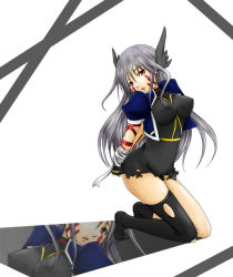 Rule 34 | 00s, 1girl, aona (anagasaki), arm belt, asymmetrical clothes, asymmetrical legwear, bad id, bad pixiv id, bdsm, bondage, bound, facial mark, fingerless gloves, gloves, head wings, jacket, long hair, lyrical nanoha, magical girl, mahou shoujo lyrical nanoha, mahou shoujo lyrical nanoha a&#039;s, open clothes, open jacket, open mouth, red eyes, reinforce, silver hair, single thighhigh, solo, thighhighs, torn clothes, uneven legwear, winged hair ornament, wings