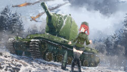 Rule 34 | 1girl, adapted uniform, belt, bf 109, blush, boots, cloud, cloudy sky, epaulettes, fire, forest, garrison cap, hat, karo-chan, knees together feet apart, kv-2, long hair, military, military uniform, military vehicle, motor vehicle, nature, open mouth, original, outdoors, pleated skirt, ponytial, red hair, signature, skirt, sky, smile, snow, snowing, soldier, solo, tank, thighhighs, uniform, war, war thunder, world war ii