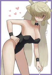 Rule 34 | 1girl, absurdres, ahoge, animal ears, bad id, bad pixiv id, bare legs, bare shoulders, black bow, black bowtie, black leotard, blonde hair, border, bow, bowtie, breasts, brown eyes, detached collar, hair over one eye, hand on own hip, heart, highres, horns, kemono friends, large breasts, leaning forward, leotard, long hair, looking at viewer, one eye covered, ox ears, playboy bunny, simple background, smile, solo, tail, traditional bowtie, very long hair, white background, wrist cuffs, yak (kemono friends), zuchi00