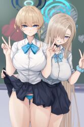 Rule 34 | 2girls, absurdly long hair, absurdres, alternate breast size, aqua panties, aqua ribbon, asuna (blue archive), black choker, black skirt, blonde hair, blue archive, blue bow, blue bowtie, blue eyes, blue scrunchie, blush, bow, bowtie, breasts, button gap, buttons, chalkboard, choker, closed mouth, clothes lift, collarbone, collared shirt, double v, dress shirt, expressionless, eyes visible through hair, gluteal fold, grin, gyaru, hair over one eye, hair ribbon, halo, hands up, heart, highres, impossible clothes, impossible shirt, indoors, kogal, large breasts, lifting another&#039;s clothes, long bangs, long hair, looking at viewer, loose bowtie, miniskirt, multiple girls, one eye covered, open collar, panties, pleated skirt, ribbon, school uniform, scrunchie, shirt, shirt tucked in, short hair, short sleeves, side-tie panties, single sidelock, skirt, skirt lift, sleeves rolled up, smile, sparkle, summer uniform, teeth, thick thighs, thigh gap, thighs, toki (blue archive), underwear, v, vanko (vank0a), very long hair, white background, wrist scrunchie
