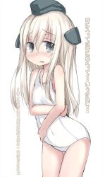 Rule 34 | ..., 10s, 1girl, :o, bare shoulders, blonde hair, blue eyes, blush, covered navel, cowboy shot, eyebrows, hair between eyes, hat, headgear, inyucchi, kantai collection, long hair, looking at viewer, mini hat, one-piece swimsuit, pussy juice, school swimsuit, simple background, solo, standing, swimsuit, tears, text focus, translation request, u-511 (kancolle), white background, white one-piece swimsuit