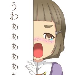 Rule 34 | 10s, 1girl, blush, brown eyes, brown hair, hair ornament, hairclip, kantai collection, looking at viewer, myoukou (kancolle), myoukou pose, nagineko, open mouth, peeking out, short hair, solo, tears, transparent background