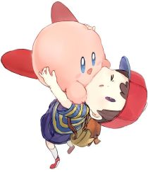 Rule 34 | 2boys, :d, ;o, backpack, bag, baseball cap, blue eyes, blush, brown hair, glomp, hat, hug, kirby, kirby (series), male focus, mother (game), mother 2, multiple boys, myuu1995, ness (mother 2), nintendo, one eye closed, open mouth, purple eyes, shirt, short hair, simple background, smile, socks, solid oval eyes, striped clothes, striped shirt, super smash bros., t-shirt, triangle mouth, voice actor connection, white background