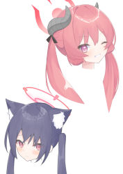 Rule 34 | 2girls, absurdres, animal ear fluff, animal ears, black hair, blue archive, blush, cat ears, curled horns, grin, hair between eyes, halo, highres, horns, junko (blue archive), long hair, multiple girls, one eye closed, portrait, purple eyes, red hair, roido (taniko-t-1218), serika (blue archive), simple background, smile, twintails, white background