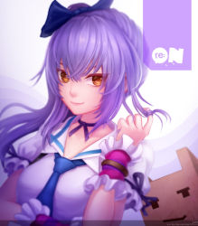 Rule 34 | 1girl, choker, twirling hair, jurrig, looking at viewer, necktie, ponytail, puffy sleeves, purple hair, re:on, reyna (re:on), ribbon choker, side ponytail, solo, upper body, wrist cuffs, yellow eyes