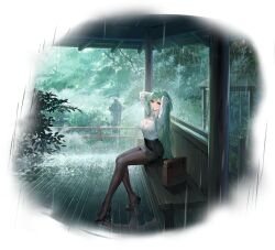 Rule 34 | 1girl, absurdres, adjusting hair, arms up, azur lane, bag, bench, black bag, black footwear, black pantyhose, black skirt, bra, breasts, cleavage, collared shirt, green hair, high heels, highres, large breasts, littorio (azur lane), littorio (sitting in the rain) (azur lane), long hair, looking at viewer, mouth hold, non-web source, office lady, official alternate costume, official art, on bench, pantyhose, pencil skirt, rain, red eyes, reflection, see-through, see-through shirt, shirt, shoes, sitting, skirt, solo, stone lantern, underwear, very long hair, wet, wet clothes, wet shirt, white bra, white shirt