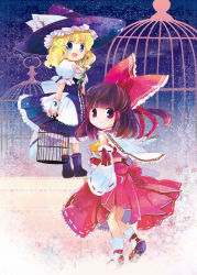 Rule 34 | 2girls, birdcage, blonde hair, blue eyes, bow, brown hair, cage, curiosities of lotus asia, detached sleeves, female focus, hair bow, hair tubes, hakurei reimu, hat, highres, japanese clothes, kirisame marisa, lineart, looking at viewer, looking back, miko, multiple girls, oimoto jirou, open mouth, smile, touhou, witch, witch hat