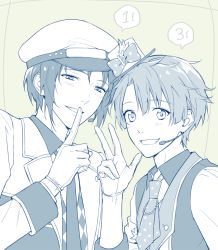 Rule 34 | 2boys, bad id, bad twitter id, blue background, blush, brothers, finger to mouth, flat sign, gloves, grin, hat, headset, idol, idolish7, izumi iori, izumi mitsuki, looking at viewer, male focus, mini hat, mini top hat, monochrome, multiple boys, necktie, palru s2, polka dot, siblings, smile, square, top hat, upper body, v, vest