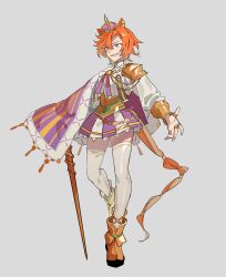 Rule 34 | 1girl, animal ears, apios, armor, boots, breasts, cane, cape, corset, crown, ear piercing, full body, grey background, grin, heel up, highres, holding, holding cane, horse ears, horse girl, horse tail, jewelry, looking afar, mini crown, miniskirt, multiple rings, orange hair, piercing, purple eyes, ring, shirt, short hair, shoulder armor, simple background, skirt, small breasts, smile, solo, standing, t.m. opera o (umamusume), tail, thighhighs, turtleneck, two-tone skirt, umamusume, v-shaped eyebrows, white shirt, white thighhighs, yellow fur