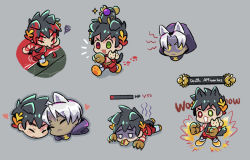 Rule 34 | 2boys, :3, animal ears, black hair, blood, blood on face, blush, cat ears, chibi, dog ears, dog tail, english text, gameplay mechanics, green eyes, grey background, hades (series), hades 1, health bar, heart, heterochromia, highres, joy0220, kemonomimi mode, laurel crown, lying, male focus, multiple boys, on stomach, paw print, paw print soles, red eyes, running, shaded face, squiggle, tail, thanatos (hades), white hair, yellow eyes, zagreus (hades)