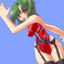 Rule 34 | 10s, 1girl, :o, bad id, bad pixiv id, bare shoulders, beatmania, beatmania iidx, blue background, blush, breasts, busou shinki, dd (ijigendd), garter belt, green hair, hip focus, hishimiya tsugaru, large breasts, leotard, looking at viewer, mecha musume, open mouth, red eyes, red leotard, short hair, simple background, solo, thigh gap, thighhighs, twintails, two side up