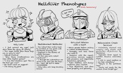 Rule 34 | 2girls, absurdres, ambiguous gender, antenna hair, armor, basedbinkie, chart, clenched hand, english text, frown, helldiver (helldivers), helldivers (series), helmet, highres, multiple girls, one eye covered, short hair, sparkle, thousand yard stare