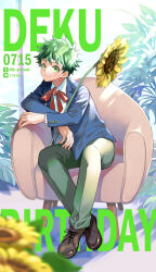 Rule 34 | 1boy, alternate costume, arm rest, armchair, birthday, blue jacket, blurry, blurry foreground, boku no hero academia, brown footwear, buttons, chair, character name, closed mouth, collared shirt, colored eyelashes, commentary request, crossed ankles, flower, freckles, full body, green eyes, green hair, green pants, highres, jacket, lapels, leaning to the side, light, long sleeves, looking at viewer, looking to the side, male focus, midoriya izuku, neck ribbon, notched lapels, hugging object, on chair, open clothes, open jacket, pants, pixiv id, pixiv logo, plant, red ribbon, ribbon, scar, scar on hand, shadow, shirt, short hair, sidelighting, sitting, smile, solo, sunflower, text background, text focus, timestamp, twitter logo, twitter username, ume (326310), white shirt, yellow flower