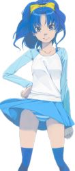 Rule 34 | 10s, 1girl, akinbo (hyouka fuyou), arm behind back, blue eyes, blue hair, blue skirt, blue sleeves, blue thighhighs, bow, clothes lift, collarbone, hair bow, hand on own hip, highres, kirakira precure a la mode, long hair, long sleeves, looking at viewer, miniskirt, panties, precure, shirt, simple background, skirt, skirt lift, solo, standing, striped clothes, striped panties, tategami aoi, thighhighs, underwear, white background, white shirt, wind, wind lift, yellow bow