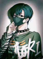 Rule 34 | 1boy, absurdres, black collar, black eyes, black mask, black shirt, blue hair, chain, character name, charisma house, collar, grey background, highres, long sleeves, looking at viewer, male focus, mask, motohashi iori, mouth mask, multicolored background, shadow, shirt, solo, spiked collar, spikes, ukisi, white background, white sleeves