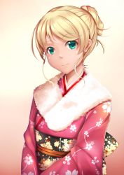 Rule 34 | 1girl, alternate hairstyle, aqua eyes, beige background, blonde hair, cherry blossoms, chiyo goya, closed mouth, ellen baker, eyebrows, floral print, fur collar, furisode, gradient background, highres, japanese clothes, kimono, long hair, long sleeves, looking at viewer, new horizon, obi, ponytail, revision, sash, smile, solo, upper body