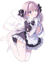 Rule 34 | 1girl, apron, black bow, black bowtie, black dress, blue eyes, blush, bow, bowtie, collared shirt, detached wings, dress, frilled apron, frilled dress, frilled gloves, frilled sleeves, frills, full body, garter straps, gloves, hair bow, hair intakes, hands up, highres, kashuu (pixiv 66328082), long hair, maid, maid apron, original, puffy short sleeves, puffy sleeves, purple hair, shirt, short dress, short sleeves, simple background, solo, sweatdrop, thighhighs, twintails, very long hair, white apron, white background, white gloves, white thighhighs, white wings, wings