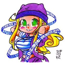 Rule 34 | 1girl, arms behind head, blonde hair, breasts, digimon, digimon frontier, hat, long hair, orimoto izumi, smile