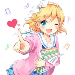 Rule 34 | 1girl, :d, ;d, beamed quavers, blonde hair, blue eyes, blush, book, cardigan, collarbone, hair ornament, hair ribbon, hairclip, heart, holding, index finger raised, kagamine rin, long sleeves, musical note, natsu (natume0504), one eye closed, open mouth, outstretched arm, plaid, plaid skirt, pleated skirt, quaver, ribbon, school uniform, serafuku, sheet music, simple background, skirt, smile, solo, treble clef, vocaloid, white background