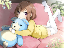 Rule 34 | 1girl, absurdres, blend s, blurry, blurry foreground, brown hair, closed mouth, commentary request, couch, depth of field, frilled shorts, frills, highres, hoshikawa mafuyu, indoors, long sleeves, lying, no shoes, nosetissue, hugging object, on couch, on stomach, pillow, plant, potted plant, purple eyes, shirt, short hair, short shorts, shorts, smile, solo, stuffed animal, stuffed toy, teddy bear, thighhighs, white thighhighs, yellow shirt, yellow shorts