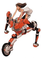 Rule 34 | 1girl, blush, breasts, brown eyes, brown hair, cleavage, collarbone, dress, externally piloted mecha, floating hair, fuego, headlight, highres, kasahara tetsurou, looking to the side, mecha, medium breasts, non-humanoid robot, official art, ogata rin, open hands, rideback, robot, solo, white dress