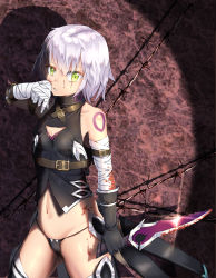 Rule 34 | 1girl, absurdres, arm at side, arm belt, arm up, bandaged arm, bandages, barbed wire, bare shoulders, belt buckle, black gloves, black panties, black shirt, black thighhighs, blood, blood on clothes, blood on face, bloody bandages, bloody weapon, blurry, blurry background, breasts, buckle, collarbone, cowboy shot, dagger, fate/apocrypha, fate (series), glint, gloves, green eyes, highres, holding, holding knife, holding weapon, jack the ripper (fate/apocrypha), kanako-sama, knife, legs apart, looking at viewer, navel, panties, parted lips, reverse grip, scabbard, searchlight, shadow, sheath, shiny skin, shirt, short hair, silver hair, single glove, sleeveless, sleeveless shirt, small breasts, solo, standing, stomach, tattoo, thighhighs, underwear, unsheathed, weapon, wiping face