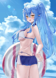 Rule 34 | 1girl, :d, absurdres, ahoge, alternate costume, alternate hairstyle, ass, bad id, bad pixiv id, blue hair, blue sky, blush, breasts, cloud, cloudy sky, cowboy shot, day, flower, from behind, hair between eyes, hair flower, hair ornament, heart, heart ahoge, highres, hololive, innertube, large breasts, long hair, looking at viewer, looking back, open mouth, outdoors, pointy ears, ponytail, renge (730), sailor bikini, sailor collar, sideboob, sky, smile, solo, swim ring, underboob, virtual youtuber, wet, yellow eyes, yukihana lamy