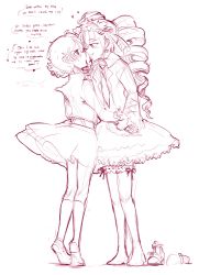 Rule 34 | 1boy, 1girl, absurdres, blush, celestia ludenberg, crossdressing, danganronpa: trigger happy havoc, danganronpa (series), drill hair, english text, from side, fujisaki chihiro, full body, greyscale, heart, hetero, high heels, highres, imminent kiss, jacket, layered skirt, long hair, long sleeves, looking at another, miniskirt, monochrome, neck ribbon, ribbon, shirt, shoes, skirt, standing, thighhighs, trap, twin drills, twinklelitchii, twintails, wavy mouth, zettai ryouiki