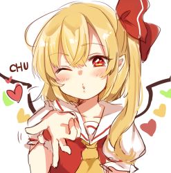 Rule 34 | 1girl, ;o, ascot, blonde hair, blowing kiss, blush, collared shirt, crystal, flandre scarlet, frilled sleeves, frills, hair between eyes, hair ribbon, heart, heart in eye, looking at viewer, medium hair, no headwear, one eye closed, one side up, paragasu (parags112), parted lips, pointy ears, puffy short sleeves, puffy sleeves, red eyes, red ribbon, red vest, ribbon, shirt, short sleeves, simple background, solo, symbol in eye, touhou, upper body, vest, white background, white shirt, wings, wrist cuffs, yellow ascot