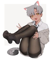 Rule 34 | 1girl, absurdres, animal ear fluff, animal ears, black nails, black pantyhose, blue eyes, blush, border, brown eyes, cat ears, cat girl, cat tail, collared shirt, commentary, earrings, english commentary, fang, feet, fine fabric emphasis, full body, grey background, grey hair, grey jacket, grey tail, hair between eyes, hand on own thigh, highres, jacket, jewelry, kara (vertigris), knees up, legs, like and retweet, looking at viewer, making-of available, multicolored hair, nail polish, no pants, no shoes, off shoulder, open mouth, original, panties, panties under pantyhose, pantyhose, shadow, shirt, short hair, soles, solo, speech bubble, streaked hair, stud earrings, tail, textless version, thighs, toes, underwear, vertigris, w, white border, white shirt