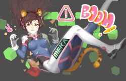 Rule 34 | !, 1girl, :p, absurdres, animal ears, animal print, artist name, bahao diqiu, bodysuit, boots, breasts, brown hair, chips (food), clothes writing, crumbs, cube, d.va (overwatch), doritos, facepaint, facial mark, falling, fangs, floating hair, food, gloves, grey background, hair between eyes, headphones, highres, kemonomimi mode, leg up, long hair, medium breasts, overwatch, overwatch 1, pilot suit, rabbit print, ribbed bodysuit, shoulder pads, sign, signature, skin tight, snack, solo, tail, tiger ears, tiger tail, tongue, tongue out, warning sign, whisker markings, white footwear, white gloves