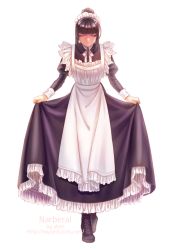 Rule 34 | 1girl, aken, apron, artist name, black hair, bowing, character name, curtsey, facing viewer, frills, highres, long hair, maid, maid apron, maid headdress, narberal gamma, overlord (maruyama), ponytail, signature, simple background, skirt, solo, watermark, web address, white background