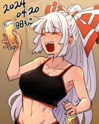 Rule 34 | 1girl, absurdres, alcohol, blush, bottle, bow, closed eyes, commentary, cup, dated, drunk, fujiwara no mokou, hair bow, highres, holding, holding bottle, holding cup, long hair, navel, neophyte, nose blush, open mouth, ponytail, smile, solo, sports bra, touhou, very long hair, white hair