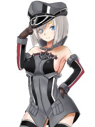 Rule 34 | 1girl, bare shoulders, bismarck (kancolle) (cosplay), bismarck (kancolle), blue eyes, breasts, brown gloves, cosplay, detached sleeves, gloves, hair ornament, hairclip, hamakaze (kancolle), hat, highres, kantai collection, looking at viewer, military, military uniform, peaked cap, short hair, sideboob, silver hair, sin (kami148), smile, solo, thighhighs, transparent background, uniform