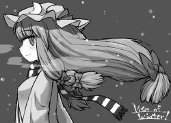 Rule 34 | 1girl, blush, breath, cold, english text, female focus, greyscale, long hair, monochrome, patchouli knowledge, perfect cherry blossom, profile, scarf, smile, snow, solo, striped clothes, striped scarf, touhou, ume (noraneko), winter